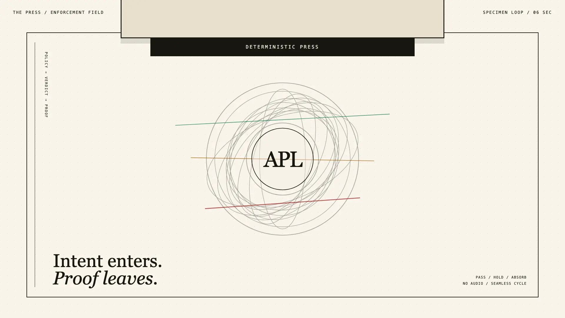 The Press: an engraved enforcement field with an open deterministic press.
