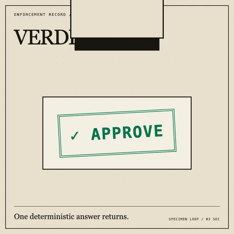 Engraved approve stamp on a verdict plate.